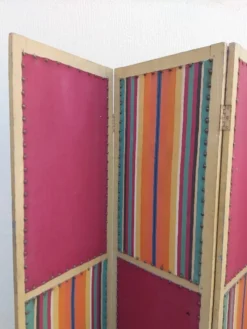 Paravent ancien 4 feuilles bois et tissu