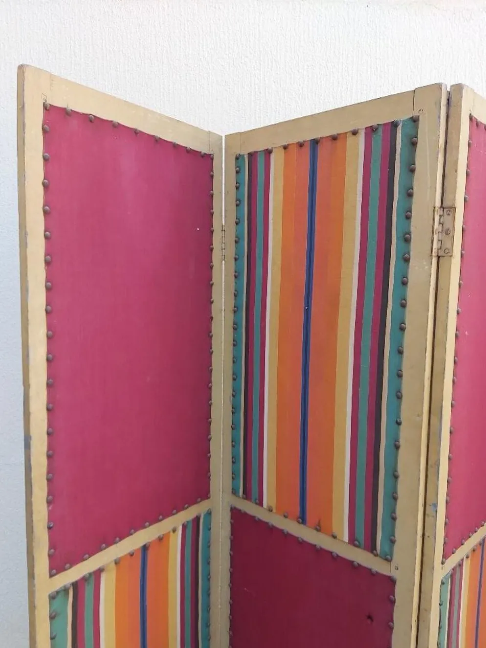Paravent ancien 4 feuilles bois et tissu