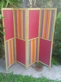 Paravent ancien 4 feuilles bois et tissu
