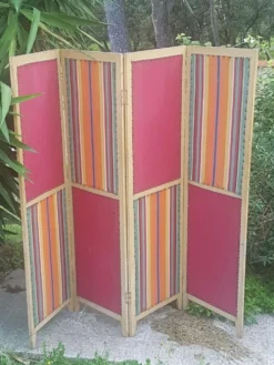 Paravent ancien 4 feuilles bois et tissu