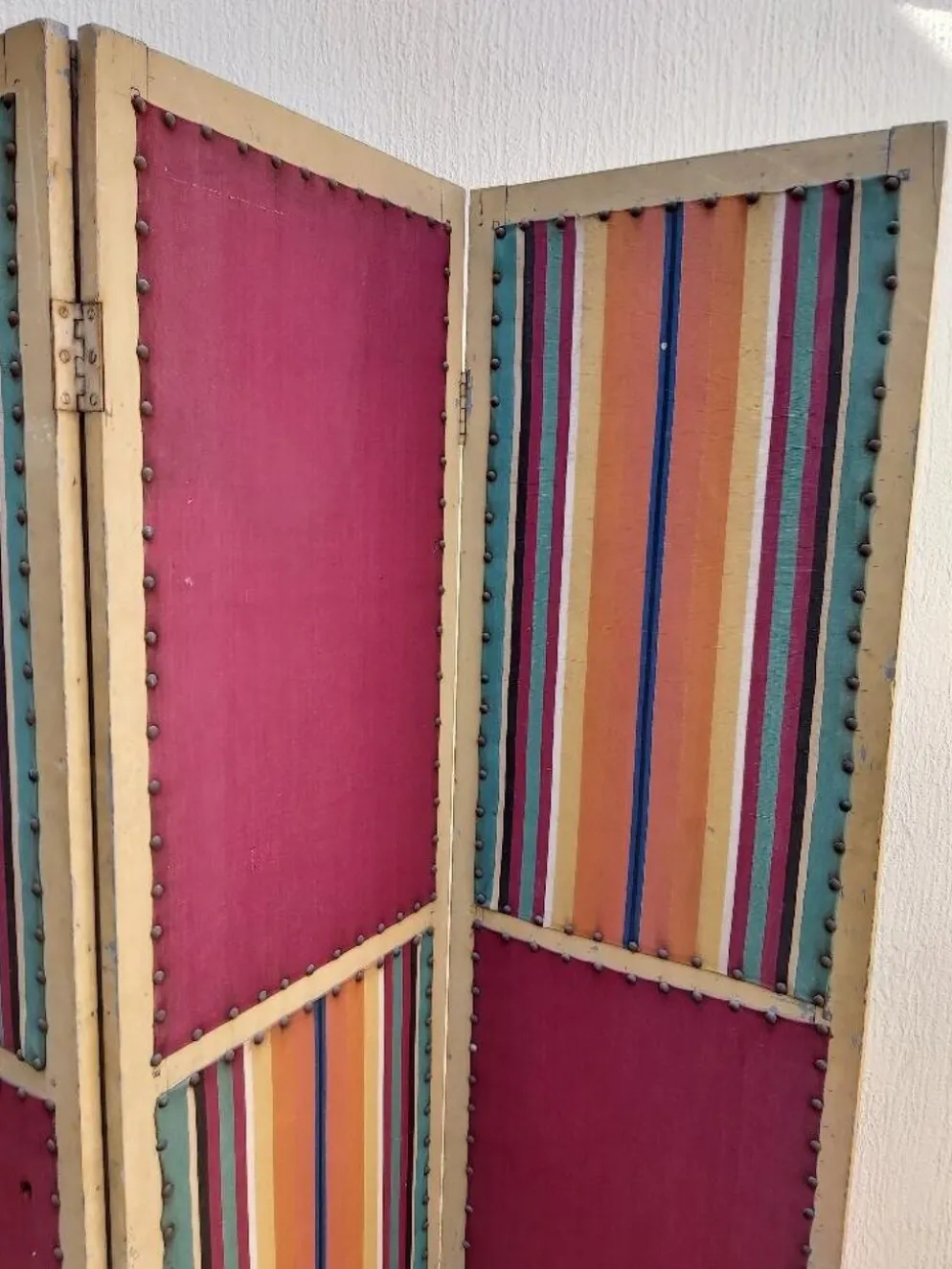 Paravent ancien 4 feuilles bois et tissu