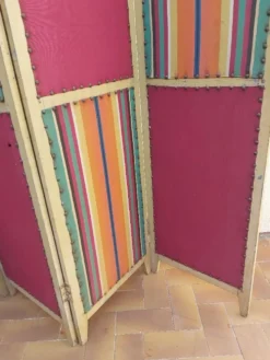 Paravent ancien 4 feuilles bois et tissu