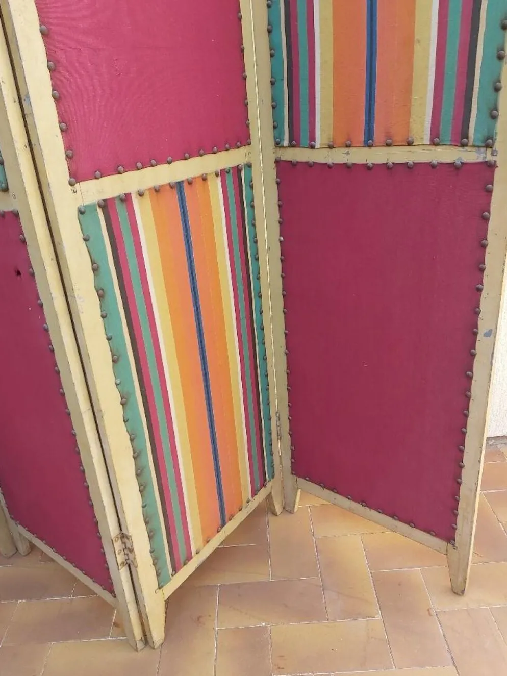 Paravent ancien 4 feuilles bois et tissu