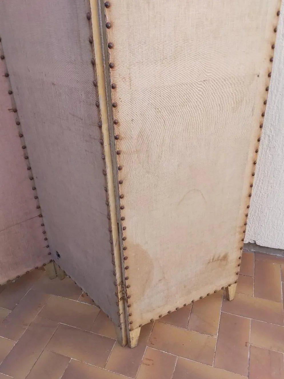 Paravent ancien 4 feuilles bois et tissu