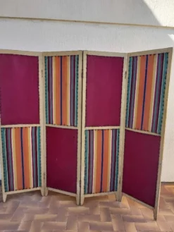 Paravent ancien 4 feuilles bois et tissu