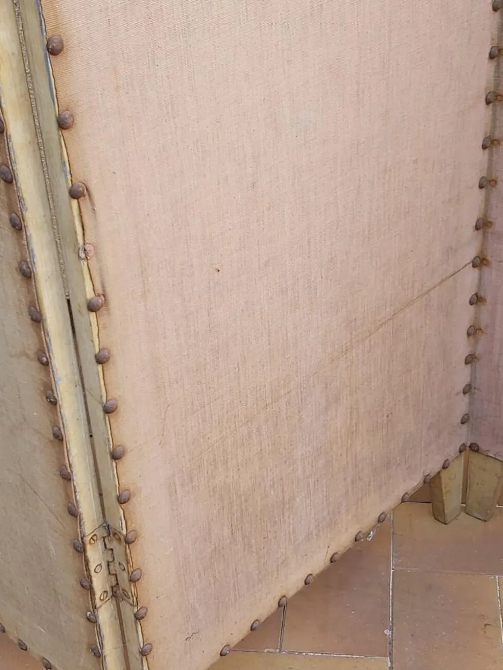 Paravent ancien 4 feuilles bois et tissu