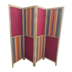 Paravent ancien 4 feuilles bois et tissu