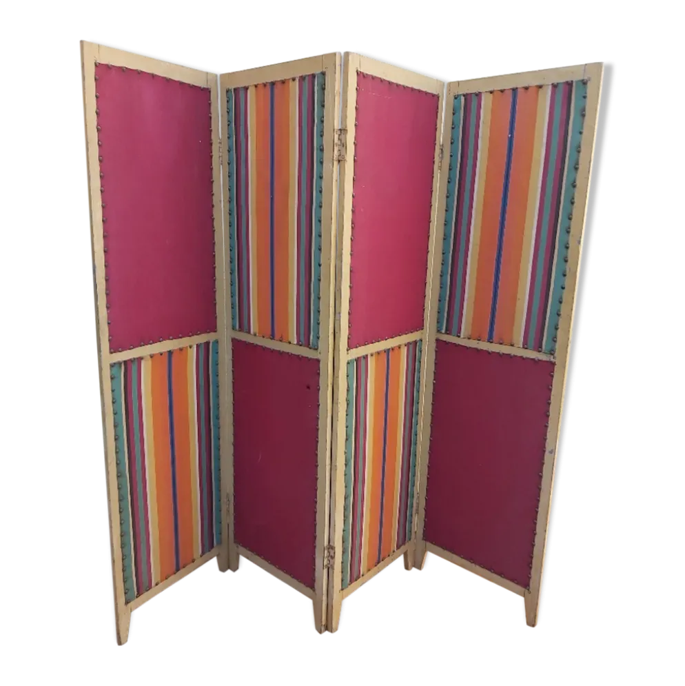 Paravent ancien 4 feuilles bois et tissu