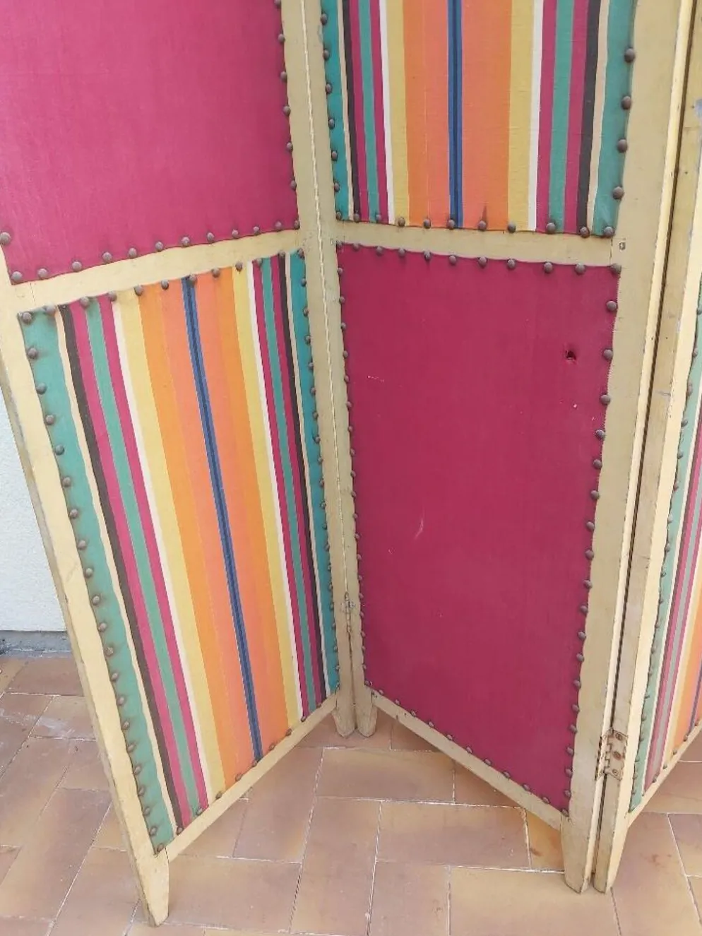 Paravent ancien 4 feuilles bois et tissu
