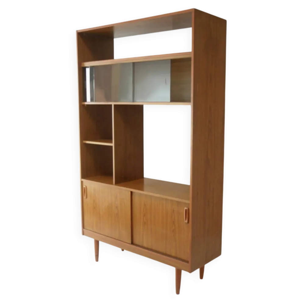 Paravent bibliothèque en teck vintage par Schreiber, années 1970, milieu du siècle.
