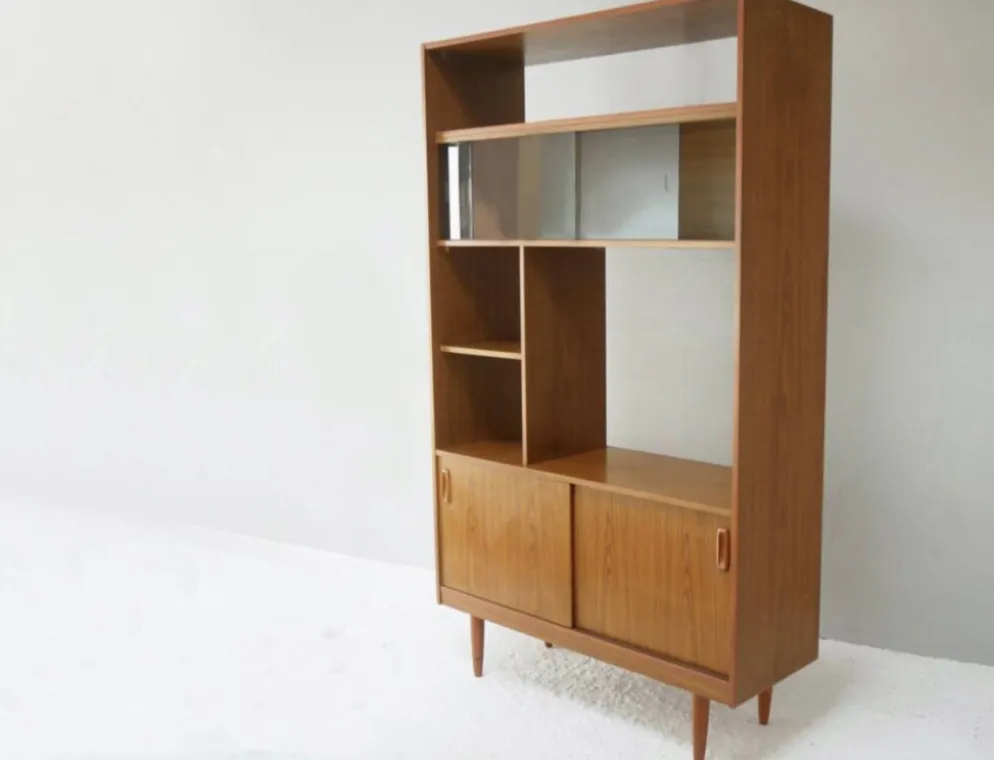 Paravent bibliothèque en teck vintage par Schreiber, années 1970, milieu du siècle.