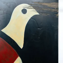 Paravent de style art déco avec des oiseaux, des motifs géométriques, rouge, jaune, bleu.