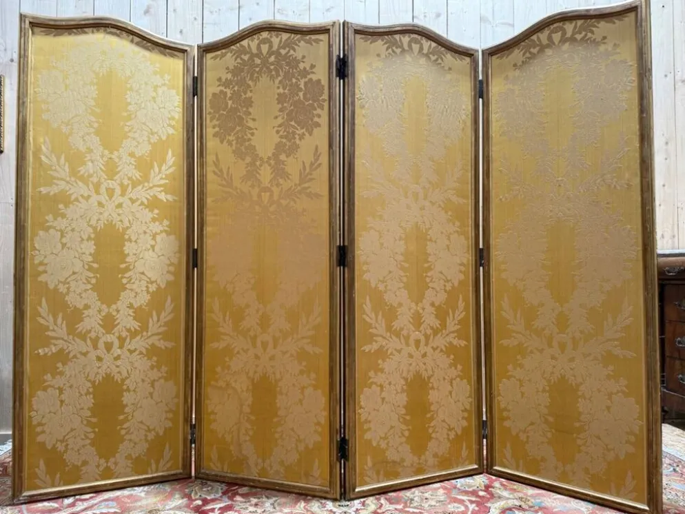 Paravent de style Louis XVI en soierie jaune et stuc doré