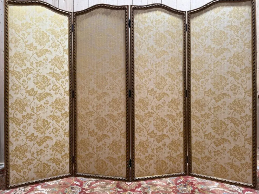 Paravent de style Louis XVI en soierie jaune et stuc doré