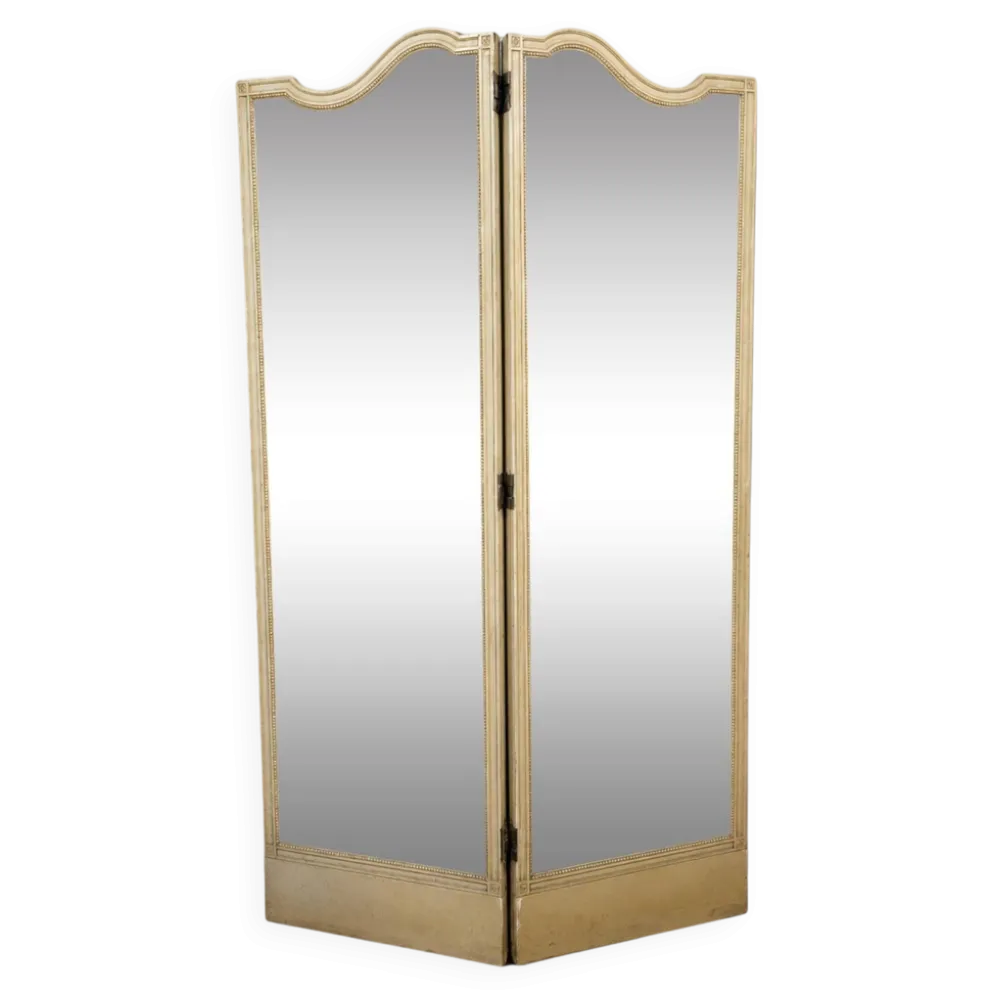 Paravent à deux feuilles en bois laqué crème et miroirs biseautés