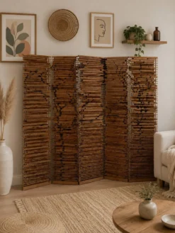 Paravent en bois à lattes, décor végétal noir