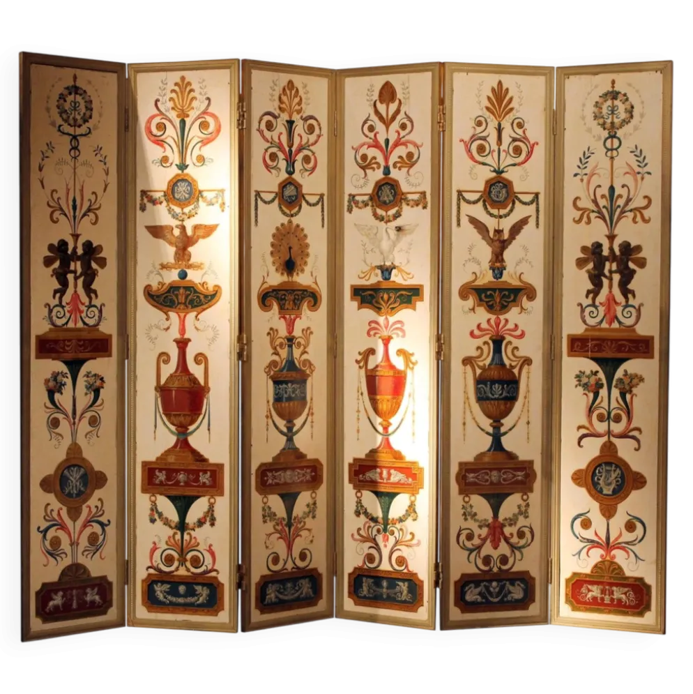 Paravent en bois peint à six panneaux italien du XIXe siècle dans un cadre en bronze doré.