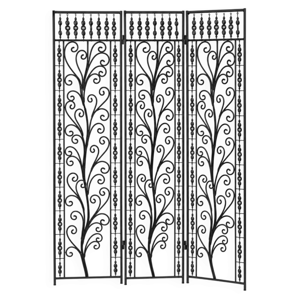Paravent en fer forgé noir, motif floral ajouré, 3 panneaux