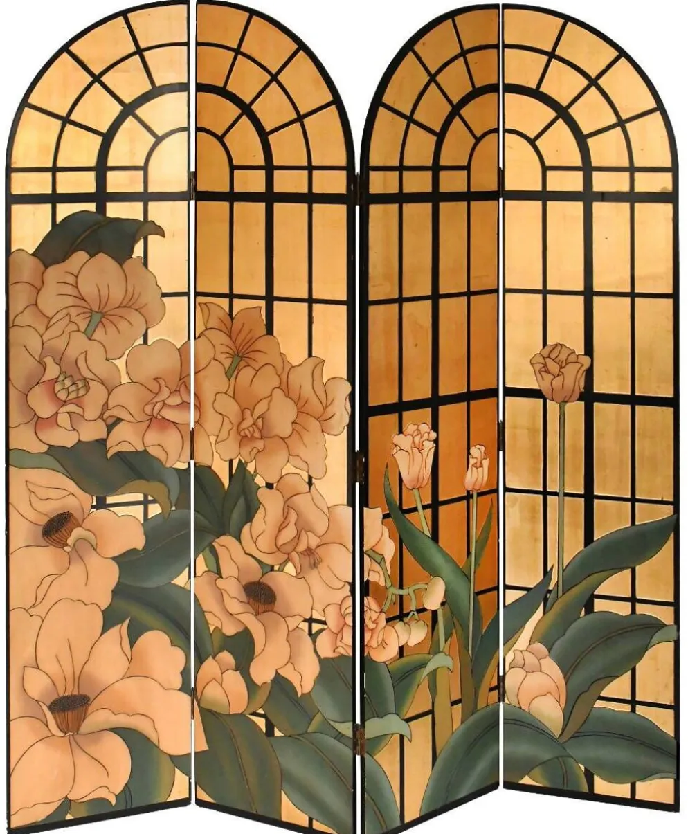 Paravent en laque à décor de la scène florale