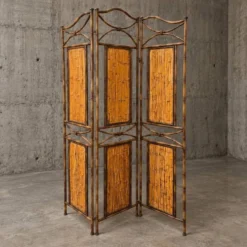 Paravent en métal imitation bambou avec panneaux en bambou / années 1980