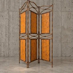 Paravent en métal imitation bambou avec panneaux en bambou / années 1980