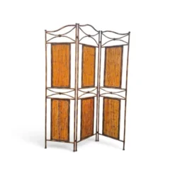 Paravent en métal imitation bambou avec panneaux en bambou / années 1980