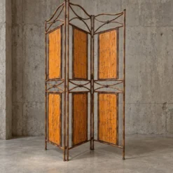 Paravent en métal imitation bambou avec panneaux en bambou / années 1980