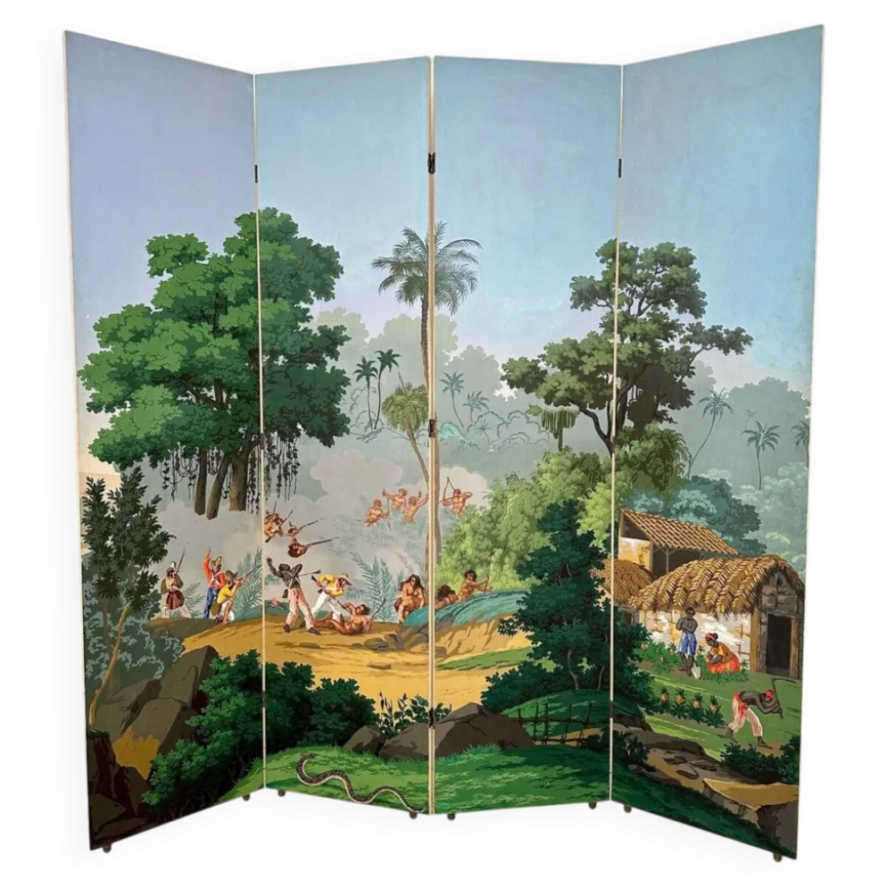 Paravent en papier peint à quatre panneaux de Zuber, années 1940
