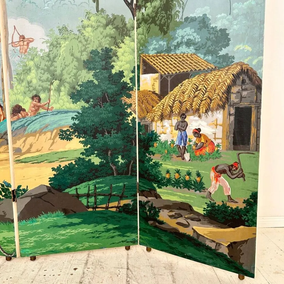 Paravent en papier peint à quatre panneaux de Zuber, années 1940