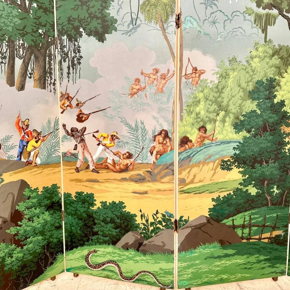 Paravent en papier peint à quatre panneaux de Zuber, années 1940