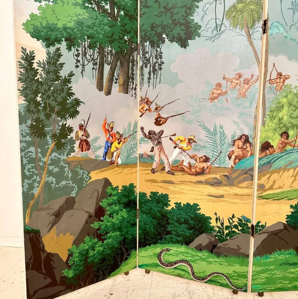 Paravent en papier peint à quatre panneaux de Zuber, années 1940