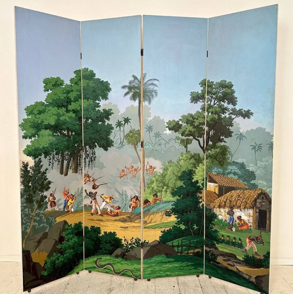 Paravent en papier peint à quatre panneaux de Zuber, années 1940