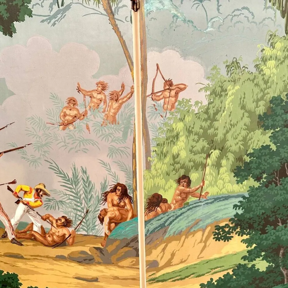 Paravent en papier peint à quatre panneaux de Zuber, années 1940