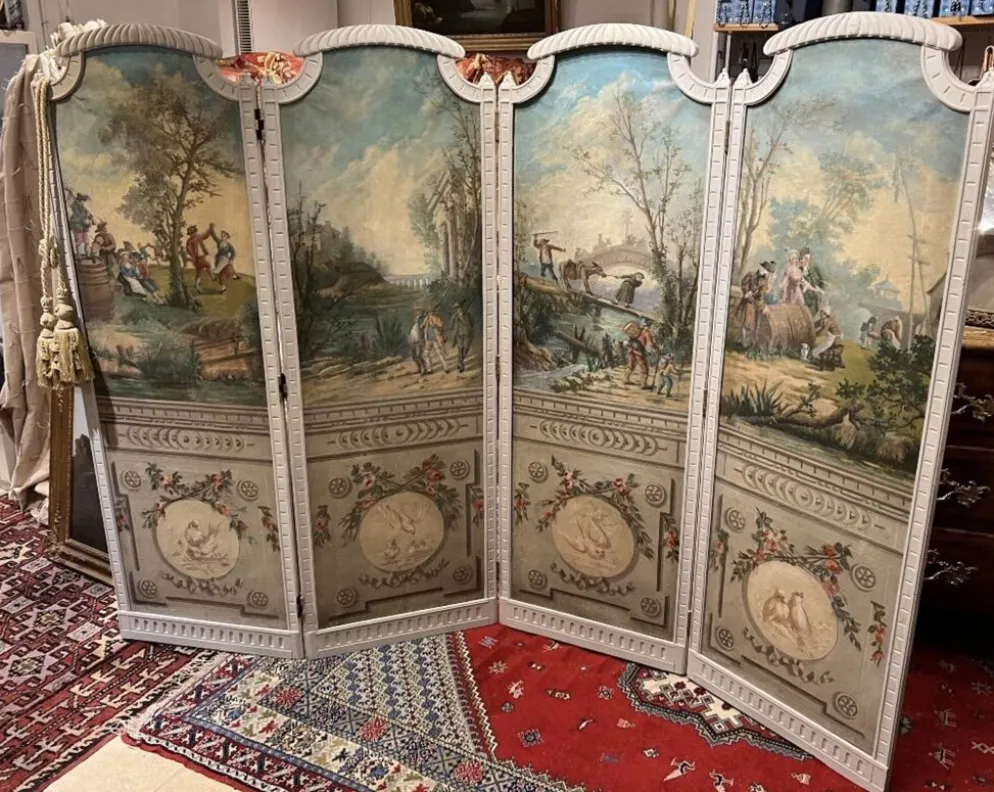 Paravent 4 feuilles époque Louis XVI aux décors champêtre