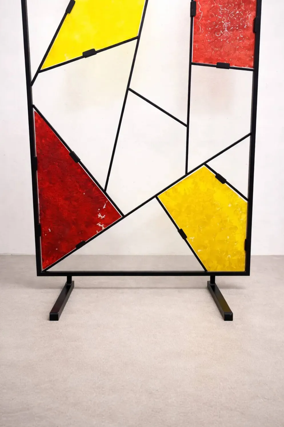 Paravent géométrique moderne du milieu du siècle avec verre coloré texturé, années 1970-1980