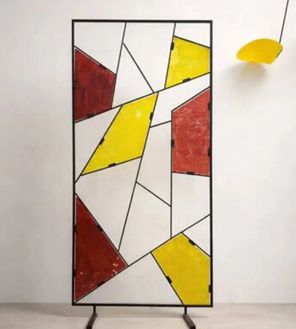 Paravent géométrique moderne du milieu du siècle avec verre coloré texturé, années 1970-1980
