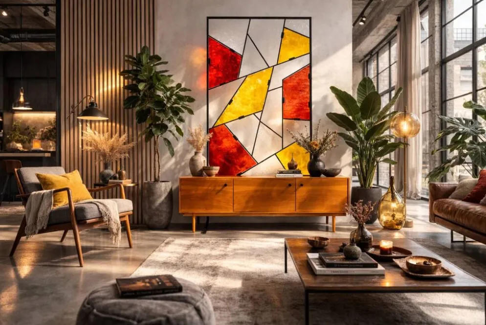 Paravent géométrique moderne du milieu du siècle avec verre coloré texturé, années 1970-1980