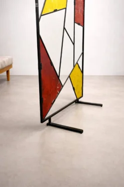 Paravent géométrique moderne du milieu du siècle avec verre coloré texturé, années 1970-1980