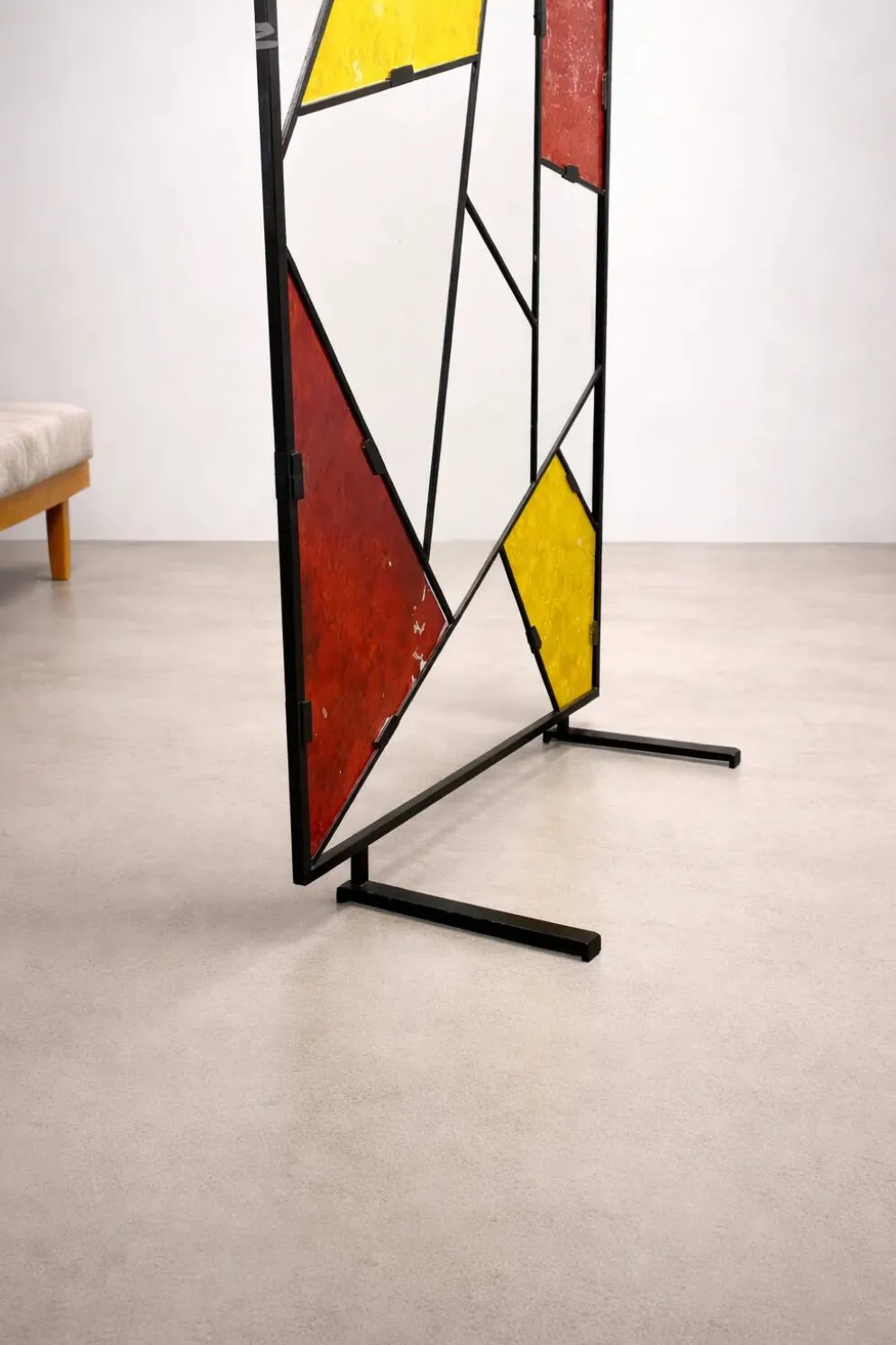 Paravent géométrique moderne du milieu du siècle avec verre coloré texturé, années 1970-1980