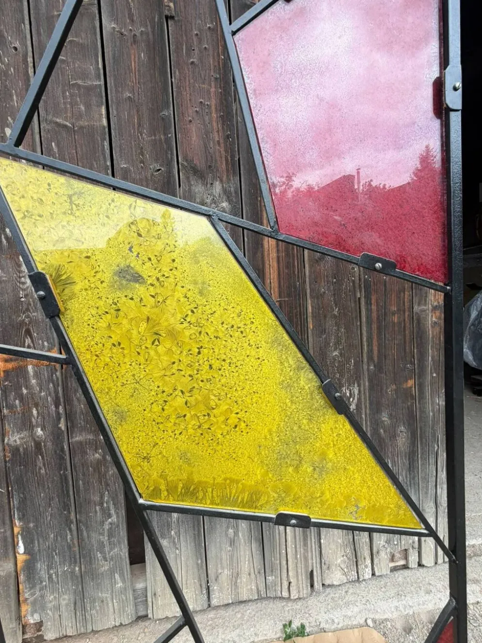 Paravent géométrique moderne du milieu du siècle avec verre coloré texturé, années 1970-1980