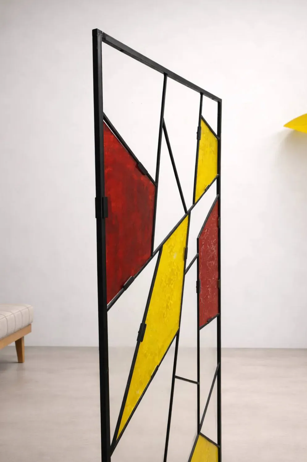 Paravent géométrique moderne du milieu du siècle avec verre coloré texturé, années 1970-1980