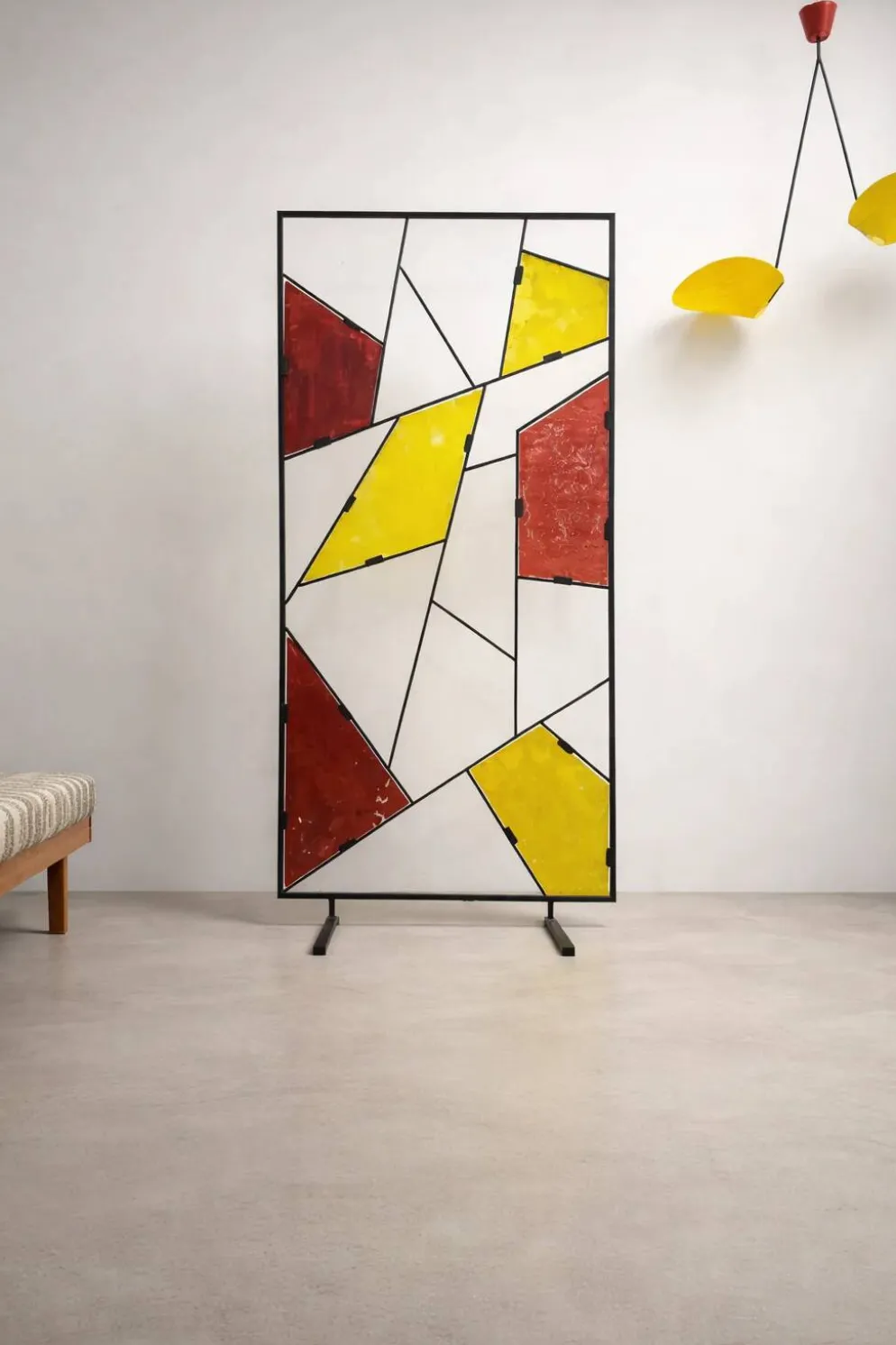 Paravent géométrique moderne du milieu du siècle avec verre coloré texturé, années 1970-1980