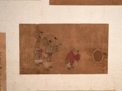 Paravent japonais ancien à deux feuilles avec collage de peintures – Japon, vers 1900