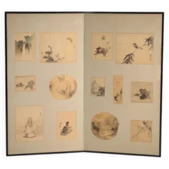 Paravent japonais ancien à deux feuilles avec peintures montées – Japon, vers 1900