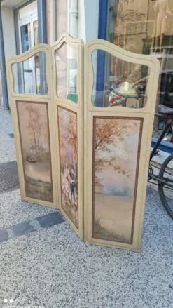 Paravent ou écran en bois peint et toile peinte