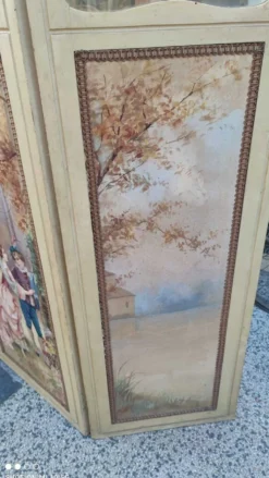 Paravent ou écran en bois peint et toile peinte
