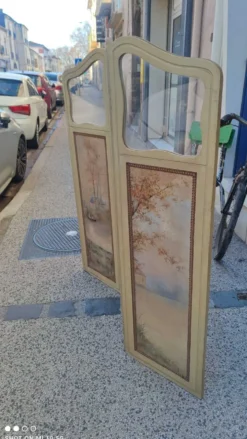 Paravent ou écran en bois peint et toile peinte