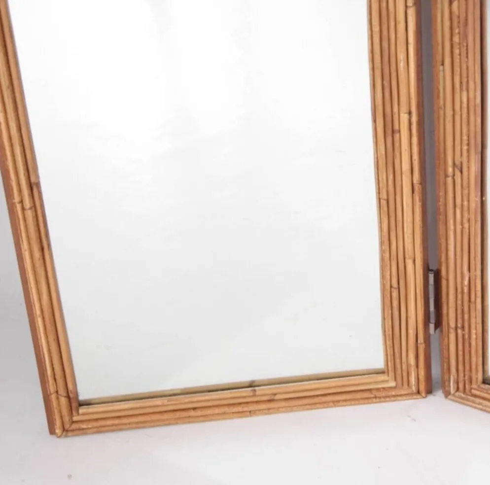 Paravent « palmes » en rotin et miroirs