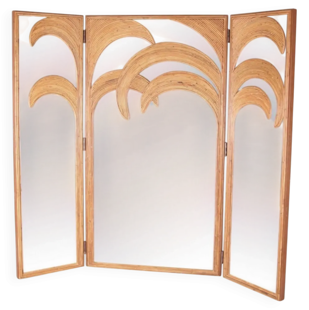 Paravent « palmes » en rotin et miroirs