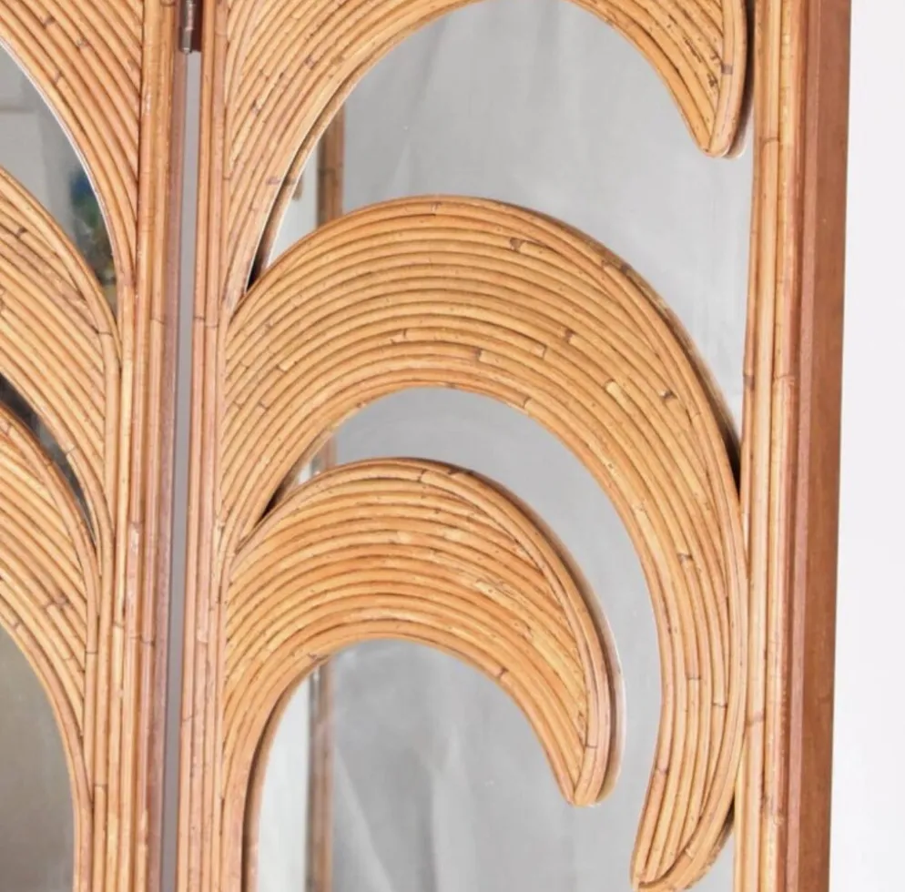 Paravent « palmes » en rotin et miroirs